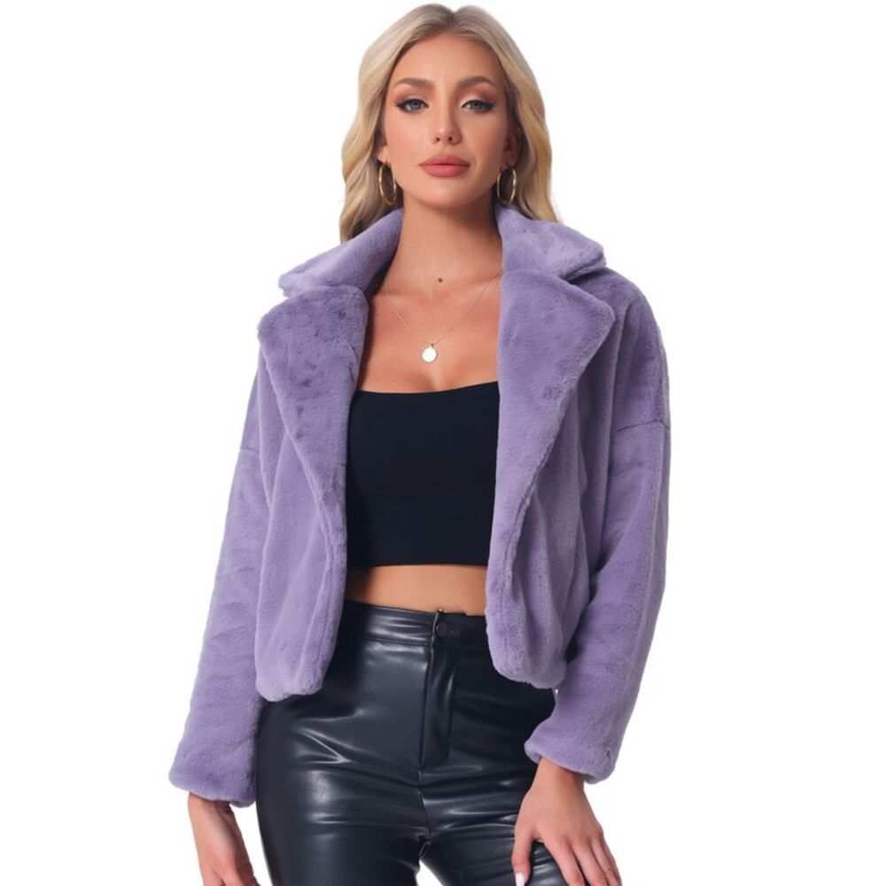Cropped Jacket Notch Lapel Faux Fur Fluffy Coat Grey Purple